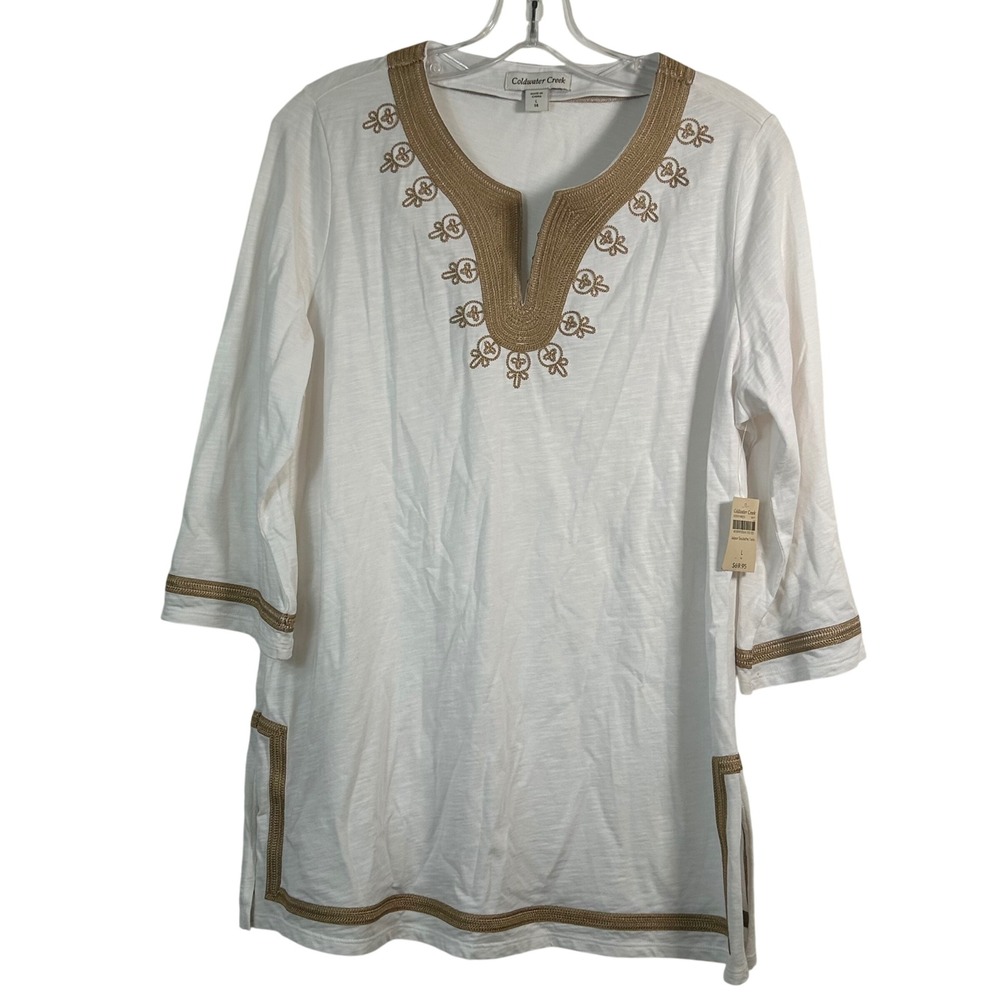 Coldwater Creek Jaipur Soutache Tunic Top White Gold Metallic Cotton Large 14
